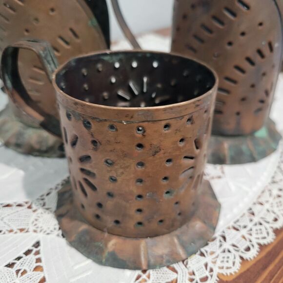 Pfaltzgraff Village Copper Pillar Candle Holders set of 3 Vintage Pierced USA - Picture 2 of 16